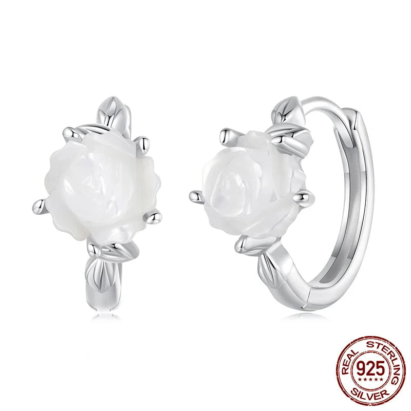 White Rose Hoop Earrings