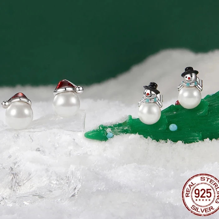 Christmas Snowman Pearl Stud Earrings